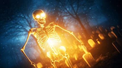 A haunting scene of a skeletal figure with a spectral face emerging from the shadows of a graveyard, where forgotten souls rest under decaying tombstones, with an otherworldly glow