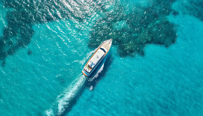 Obraz premium Aerial view of the speed boat in clear azure water on summer sunny day. Top drone view of fast floating yacht in ocean ocean