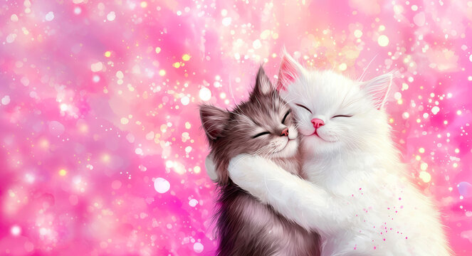 Love and hugs, two cats together on a pink background, happy Valentine's day, happy birthday, postcard