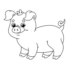 Outline big pig. Contour cartoon farm hog. Cute black and white farm animal. Vector illustration isolated on white background. Perfect for kids coloring book.