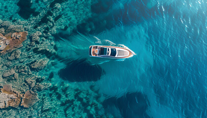 Fototapeta premium Aerial view of the speed boat in clear azure water on summer sunny day. Top drone view of fast floating yacht in ocean ocean