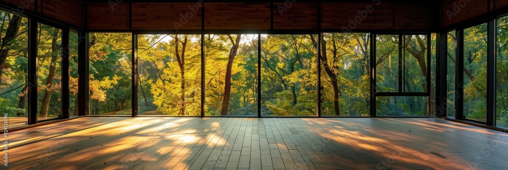 Poster empty room featuring wooden flooring and expansive windows showcasing a view of trees captured from 