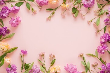 Fototapeta premium Elegant floral border with vibrant flowers lush greenery on light background. Ideal for decorative designs wedding invitations or romantic designs valentines day, mother's day, women's day