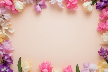 Obraz premium Elegant floral border with vibrant flowers lush greenery on light background. Ideal for decorative designs wedding invitations or romantic designs valentines day, mother's day, women's day