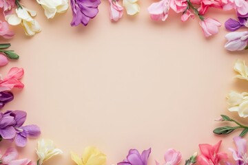 Elegant floral border with vibrant flowers lush greenery on light background. Ideal for decorative designs wedding invitations or romantic designs valentines day, mother's day, women's day