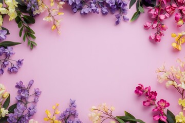 Elegant floral border with vibrant flowers lush greenery on light background. Ideal for decorative designs wedding invitations or romantic designs valentines day, mother's day, women's day
