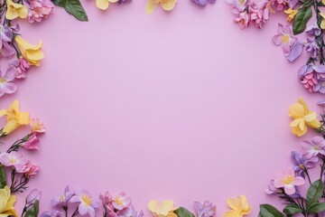 Fototapeta premium Elegant floral border with vibrant flowers lush greenery on light background. Ideal for decorative designs wedding invitations or romantic designs valentines day, mother's day, women's day