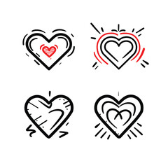 Four minimalist heart icons with black and red outlines.
