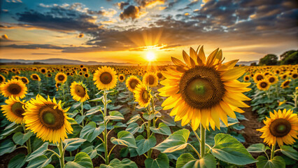 Fototapeta premium Sunflower field, yellow flowers in the light of setting sun, stock photo