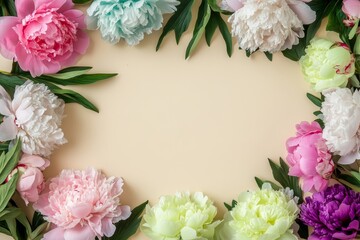 Elegant floral border with vibrant flowers lush greenery on light background. Ideal for decorative designs wedding invitations or romantic designs valentines day, mother's day, women's day