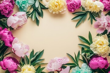 Fototapeta premium Elegant floral border with vibrant flowers lush greenery on light background. Ideal for decorative designs wedding invitations or romantic designs valentines day, mother's day, women's day