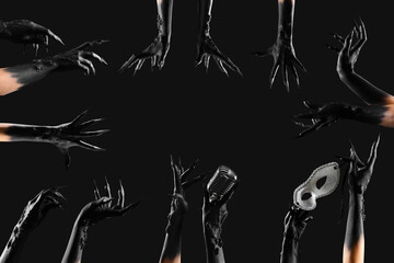 Many witches hands on black background. Halloween celebration