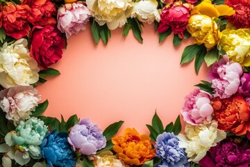 Elegant floral border with vibrant flowers lush greenery on light background. Ideal for decorative designs wedding invitations or romantic designs valentines day, mother's day, women's day