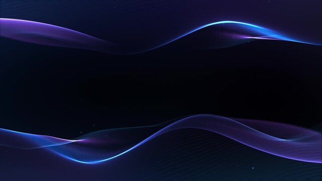 Chromatic wave top and bottom. Gradient fluid shape along the edge. Purple neon water. Digital sea and sky. Repetitive movements parallel elements. Symmetrical background. Fluorescent black space.