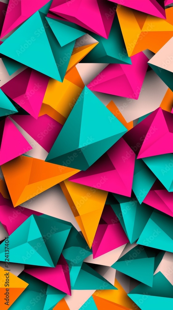 Poster vibrant and dynamic composition featuring a chaotic arrangement of colorful triangles. the overlappi