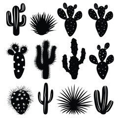 Collection of black silhouetted cacti with smooth rounded shapes.
