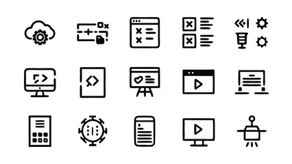 Set of 15 line icons depicting various programming and coding concepts.