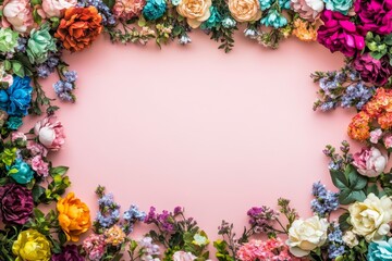 Elegant floral border with vibrant flowers lush greenery on light background. Ideal for decorative designs wedding invitations or romantic designs valentines day, mother's day, women's day