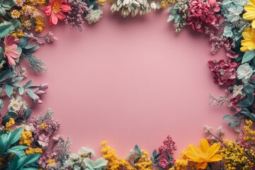 Elegant floral border with vibrant flowers lush greenery on light background. Ideal for decorative designs wedding invitations or romantic designs valentines day, mother's day, women's day