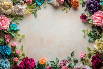 Elegant floral border with vibrant flowers lush greenery on light background. Ideal for decorative designs wedding invitations or romantic designs valentines day, mother's day, women's day