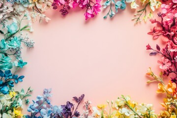 Obraz premium Elegant floral border with vibrant flowers lush greenery on light background. Ideal for decorative designs wedding invitations or romantic designs valentines day, mother's day, women's day