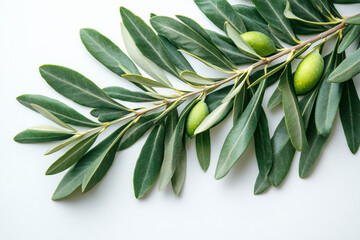 Olive tree branch with leaves isolated on white background, detailed photo, beautiful colors and lighting, sharp focus, high resolution, professional photograph, high quality