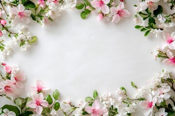 Obraz premium Elegant floral border with vibrant flowers lush greenery on light background. Ideal for decorative designs wedding invitations or romantic designs valentines day, mother's day, women's day