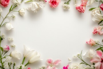 Elegant floral border with vibrant flowers lush greenery on light background. Ideal for decorative designs wedding invitations or romantic designs valentines day, mother's day, women's day