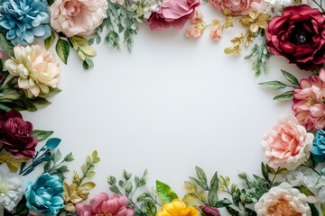 Fototapeta premium Elegant floral border with vibrant flowers lush greenery on light background. Ideal for decorative designs wedding invitations or romantic designs valentines day, mother's day, women's day