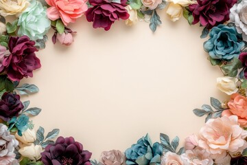 Fototapeta premium Elegant floral border with vibrant flowers lush greenery on light background. Ideal for decorative designs wedding invitations or romantic designs valentines day, mother's day, women's day