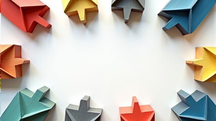 Colorful Wooden Arrows Pointing Inward on White Background - Vibrant Geometric Home Decor