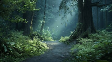 Naklejka premium A peaceful forest path illuminated by soft sunlight in a lush green woodland
