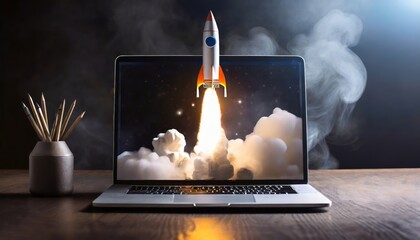 Launching space rocket from laptop screen with pencils on desk. Business start-up concept