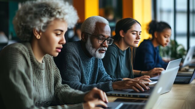 Seniors engage in a coding class, collaborating and supporting each other in learning programming basics.