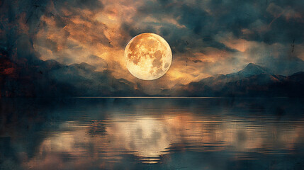 Full moon illuminates night landscape with reflection in calm river surrounded by silhouettes of trees against mysterious sky. Magical atmosphere of nature under moonlight.