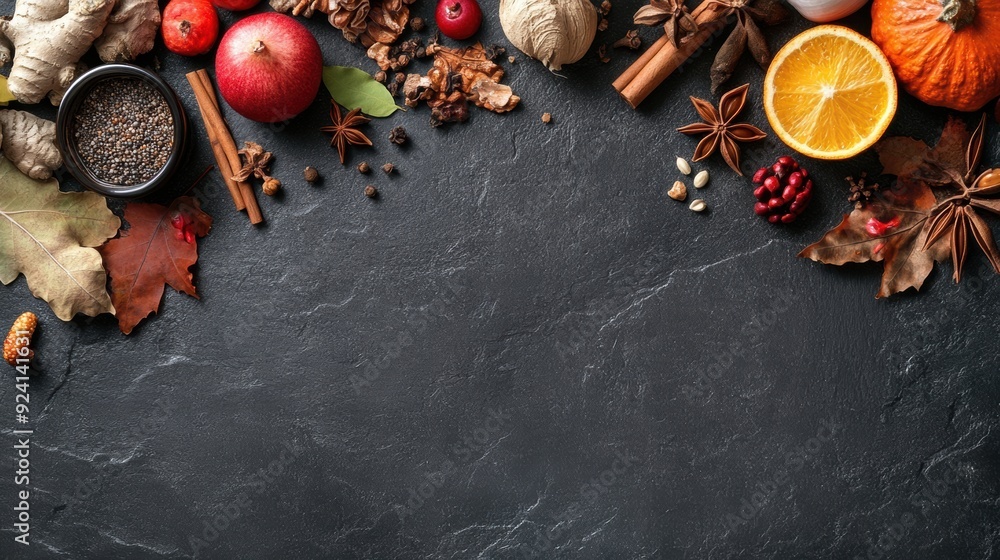 Poster A table with a variety of spices and fruits on it, AI