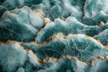 Abstract pattern of green and white waves with gold accents in a marbled texture