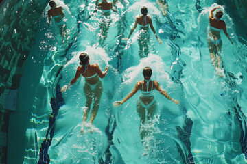 Elegant Synchronized Swimming Team Executing Aerial Routine in Crystal Clear Pool Waters