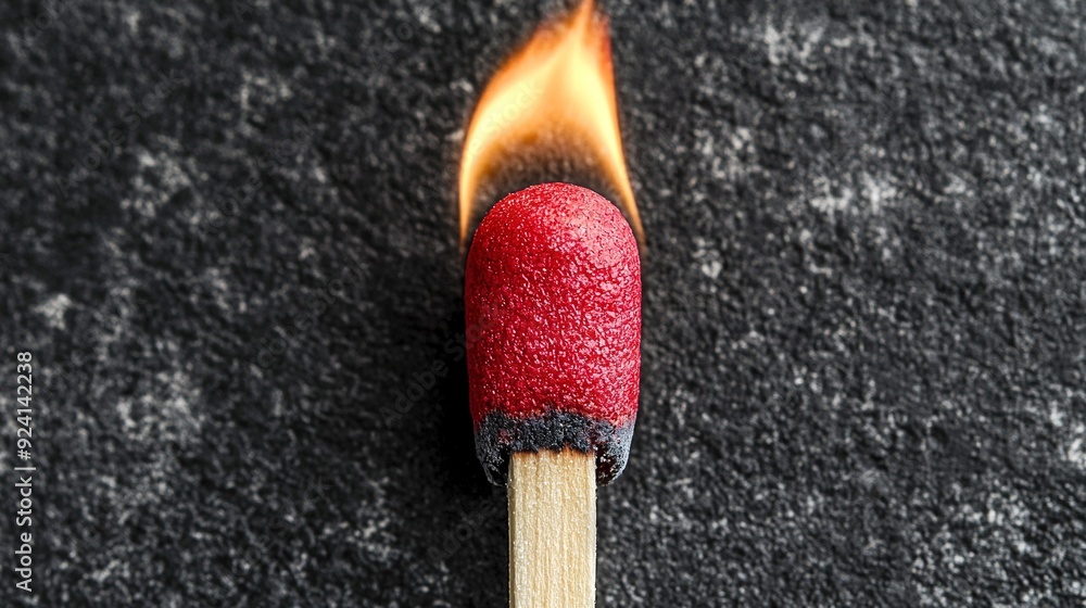 Poster a matchstick with a red match sits on a black carpet with a flame emanating from it