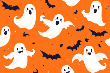 Whimsical Halloween pattern featuring cheerful ghosts and playful bats on a vibrant orange backdrop