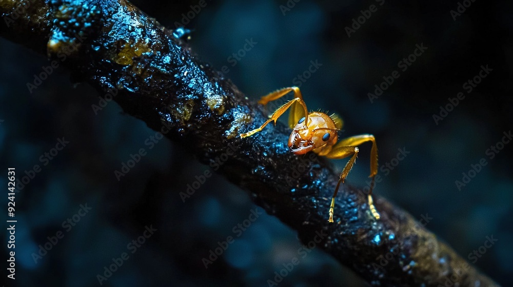 Poster a zoomed-in image of a yellow bug on a tree limb with water droplets on its hindside