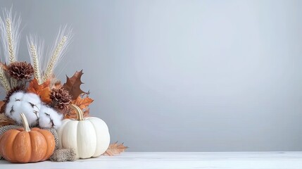 A stunning arrangement of cotton, wheat, and pumpkins captures the essence of autumn on a dark wooden backdrop, creating a warm and inviting atmosphere