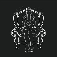 Elegant line art of a seated figure in a classic chair.
