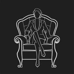 Elegant line art of a seated figure in a classic chair.
