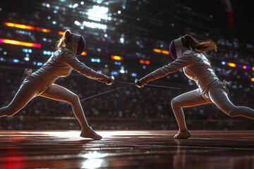 Dynamic duel between female fencers in an electrifying tournament setting with dramatic lighting - Powered by Adobe