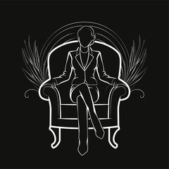 Elegant line art of a seated figure in a classic chair.

