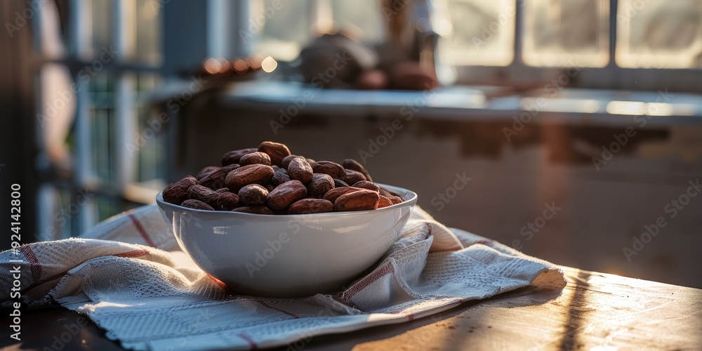 Poster cocoa beans displayed on a paper towel next to a white bowl on a table