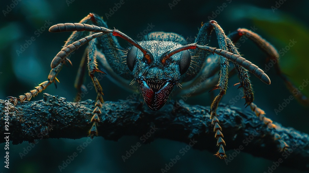 Poster a zoomed-in view of a bug perched on a tree branch with other insects attached to its hind legs
