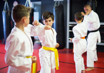 Fototapeta premium Young boys training in pair to use karate technique during class