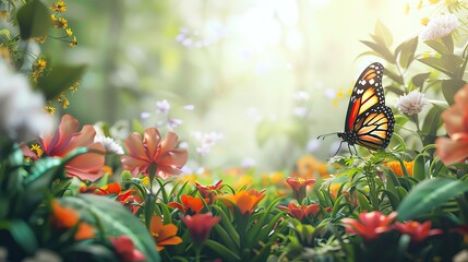 Blank area for text with lush spring flowers and a butterfly